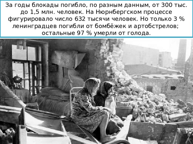 За годы блокады погибло, по разным данным, от 300 тыс. до 1,5 млн. человек. На Нюрнбергском процессе фигурировало число 632 тысячи человек. Но только 3 % ленинградцев погибли от бомбёжек и артобстрелов; остальные 97 % умерли от голода. 