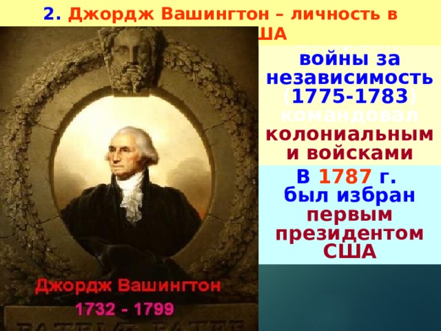 2. Джордж Вашингтон – личность в истории США Во время войны за независимость ( 1775-1783 ) командовал колониальными войсками В 1787 г. был избран первым президентом США 