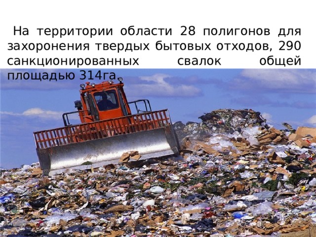  На территории области 28 полигонов для захоронения твердых бытовых отходов, 290 санкционированных свалок общей площадью 314га. 