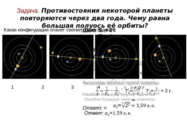 Задача. Противостояния некоторой планеты повторяются через два года. Чему равна большая полуось её орбиты?   Дано: S = 2 г.  T 1  = 1 г.  а 1 = 1 а.е. Найти: а 2  = ? Решение: Большую полуось планеты определяем из третьего закона Кеплера:  = Вычисляем звёздный период планеты: , = , = = 2 г . Находим большую полуось планеты: = Ответ : = Какая конфигурация планет соответствует задаче?  1   2    3   4 