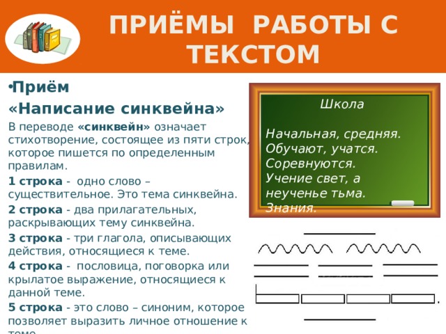 ПРИЁМЫ Работы с текстом Приём «Написание синквейна» В переводе «синквейн» означает стихотворение, состоящее из пяти строк, которое пишется по определенным правилам. 1 строка - одно слово – существительное. Это тема синквейна. 2 строка - два прилагательных, раскрывающих тему синквейна. 3 строка - три глагола, описывающих действия, относящиеся к теме. 4 строка - пословица, поговорка или крылатое выражение, относящиеся к данной теме. 5 строка - это слово – синоним, которое позволяет выразить личное отношение к теме. Школа  Начальная, средняя. Обучают, учатся. Соревнуются. Учение свет, а неученье тьма. Знания.