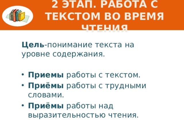 2 этап. Работа с текстом во время чтения Цель -понимание текста на уровне содержания. Приемы работы с текстом. Приёмы работы с трудными словами. Приёмы работы над выразительностью чтения.  