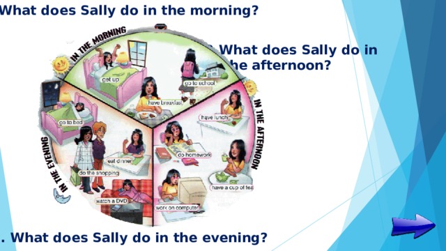 1. What does Sally do in the morning? 2.What does Sally do in  the afternoon? 3. What does Sally do in the evening? 