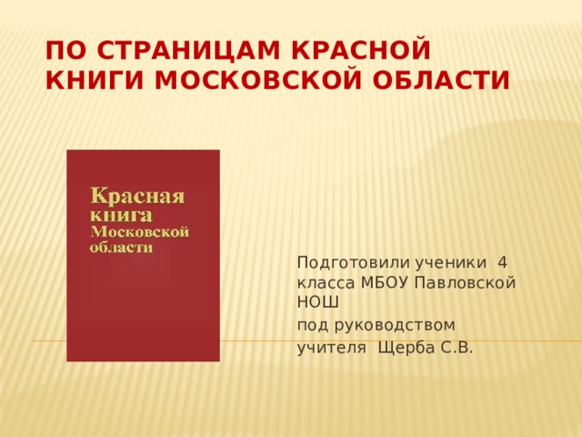 По страницам КРАСНОЙ КНИГИ Московской области Подготовили ученики 4 класса МБОУ Павловской НОШ под руководством учителя Щерба С.В. 