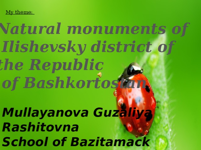  Natural monuments of  Ilishevsky district of the Republic  of Bashkortostan My theme: Mullayanova Guzaliya Rashitovna School of Bazitamack 