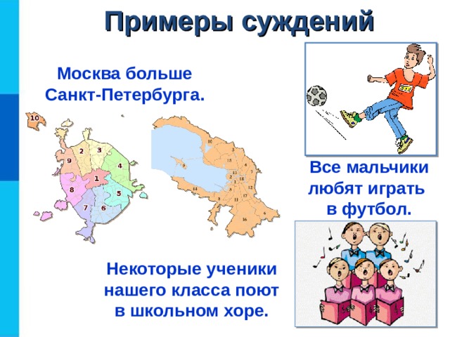 Примеры суждений Москва больше Санкт-Петербурга. Все мальчики любят играть  в футбол. Некоторые ученики нашего класса поют в школьном хоре. 