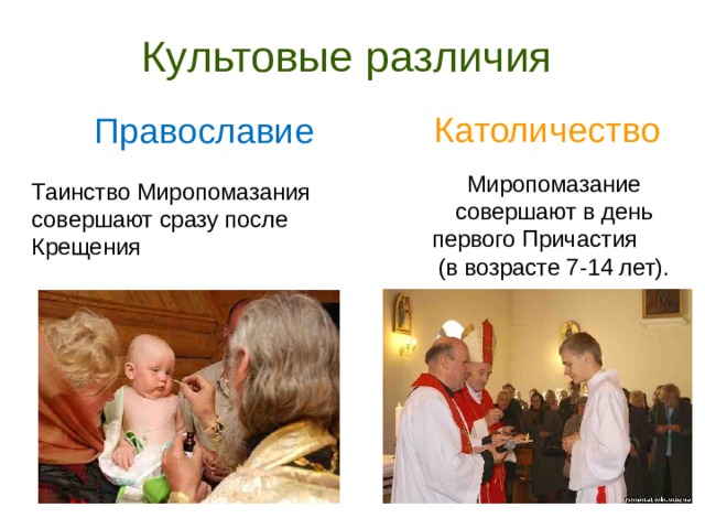 Культовые различия Католичество Православие Миропомазание совершают в день первого Причастия (в возрасте 7-14 лет). Таинство Миропомазания совершают сразу после Крещения  