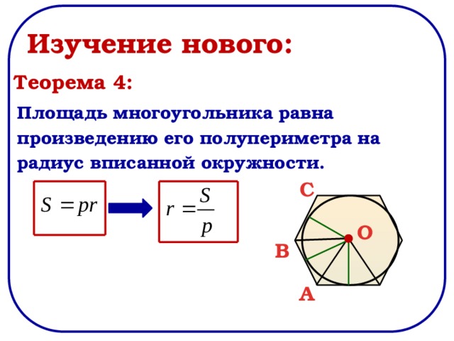 Изучение нового: Теорема 4: Площадь многоугольника равна произведению его полупериметра на радиус вписанной окружности.  C O B A 