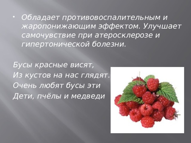 Обладает противовоспалительным и жаропонижающим эффектом. Улучшает самочувствие при атеросклерозе и гипертонической болезни.  Бусы красные висят, Из кустов на нас глядят. Очень любят бусы эти Дети, пчёлы и медведи   