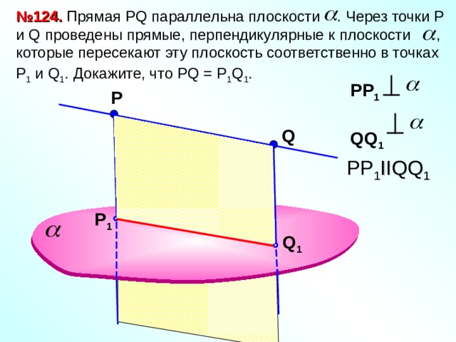 № 124. Прямая Р Q параллельна плоскости . Через точки Р и Q проведены прямые, перпендикулярные к плоскости , которые пересекают эту плоскость соответственно в точках Р 1 и Q 1 . Докажите, что Р Q  = P 1 Q 1 .  РР 1    QQ 1 Р Q PP 1 IIQQ 1  P 1 Л.С. Атанасян №124. Q 1 19 