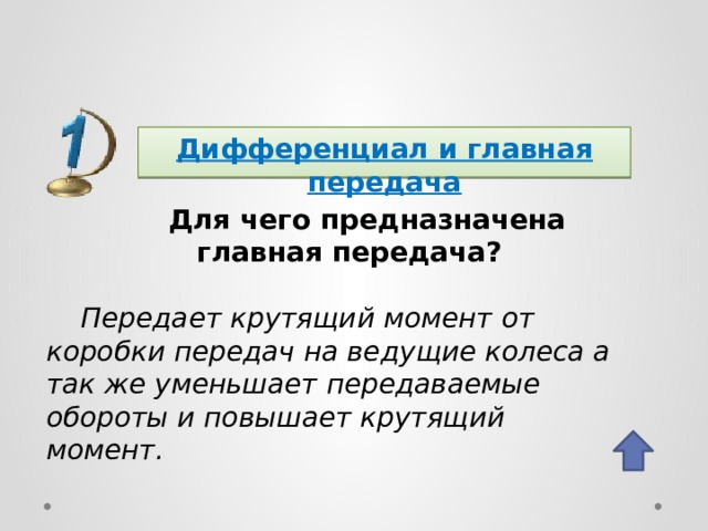 Дифференциал и главная передача Для чего предназначена главная передача? Передает крутящий момент от коробки передач на ведущие колеса а так же уменьшает передаваемые обороты и повышает крутящий момент. 