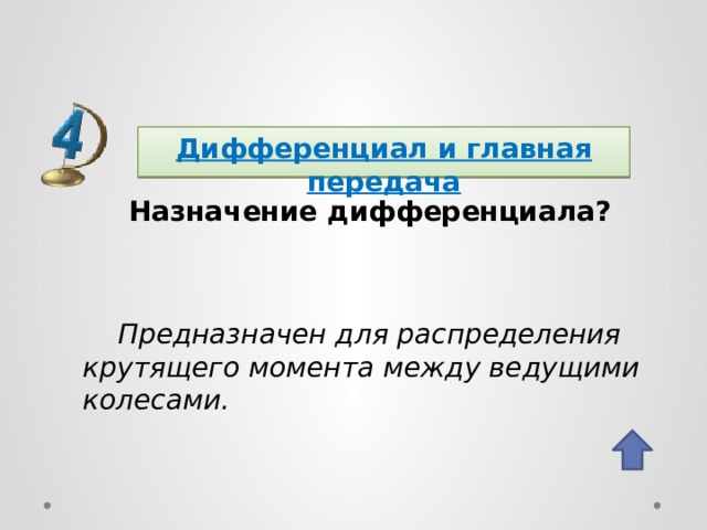 Дифференциал и главная передача Назначение дифференциала? Предназначен для распределения крутящего момента между ведущими колесами. 