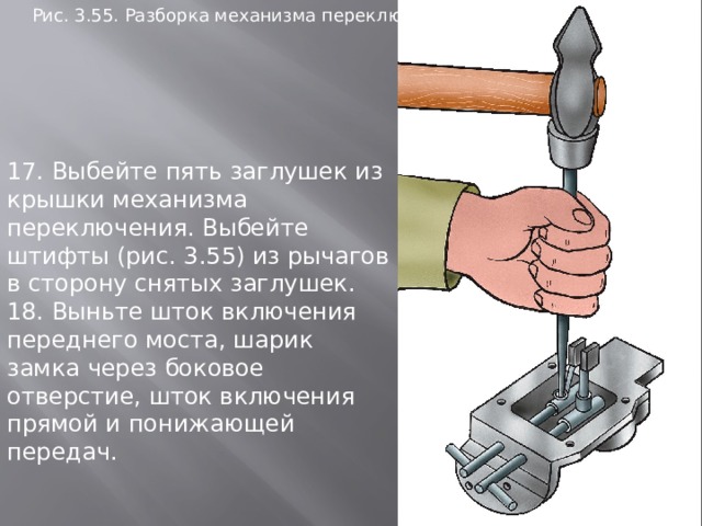 Рис. 3.55. Разбоpка механизма пеpеключения 17. Выбейте пять заглушек из крышки механизма переключения. Выбейте штифты (рис. 3.55) из рычагов в сторону снятых заглушек. 18. Выньте шток включения переднего моста, шарик замка через боковое отверстие, шток включения прямой и понижающей передач. 