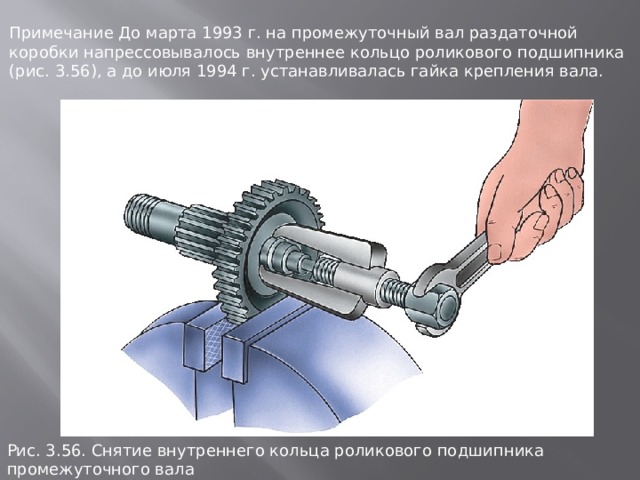 Примечание До марта 1993 г. на промежуточный вал раздаточной коробки напрессовывалось внутреннее кольцо роликового подшипника (рис. 3.56), а до июля 1994 г. устанавливалась гайка крепления вала. Рис. 3.56. Снятие внутpеннего кольца pоликового подшипника пpомежуточного вала 