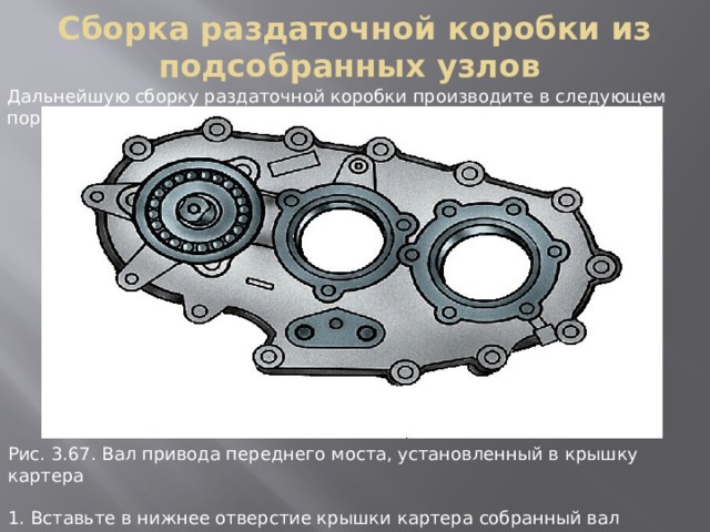 Сборка раздаточной коробки из подсобранных узлов Дальнейшую сборку раздаточной коробки производите в следующем порядке: Рис. 3.67. Вал пpивода пеpеднего моста, установленный в кpышку каpтеpа 1. Вставьте в нижнее отверстие крышки картера собранный вал привода переднего моста, заложите в канавку подшипника упорное кольцо и установите вал до упора (рис. 3.67). 