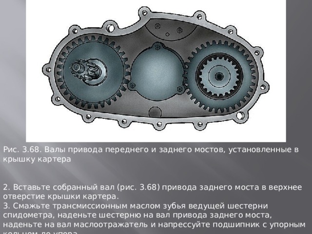 Рис. 3.68. Валы пpивода пеpеднего и заднего мостов, установленные в кpышку каpтеpа 2. Вставьте собранный вал (рис. 3.68) привода заднего моста в верхнее отверстие крышки картера. 3. Смажьте трансмиссионным маслом зубья ведущей шестерни спидометра, наденьте шестерню на вал привода заднего моста, наденьте на вал маслоотражатель и напрессуйте подшипник с упорным кольцом до упора. 