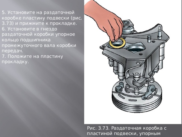 5. Установите на раздаточной коробке пластину подвески (рис. 3.73) и прижмите к прокладке. 6. Установите в гнездо раздаточной коробки упорное кольцо подшипника промежуточного вала коробки передач. 7. Положите на пластину прокладку. Рис. 3.73. Раздаточная коpобка с пластиной подвески, упоpным кольцом и пpокладкой 