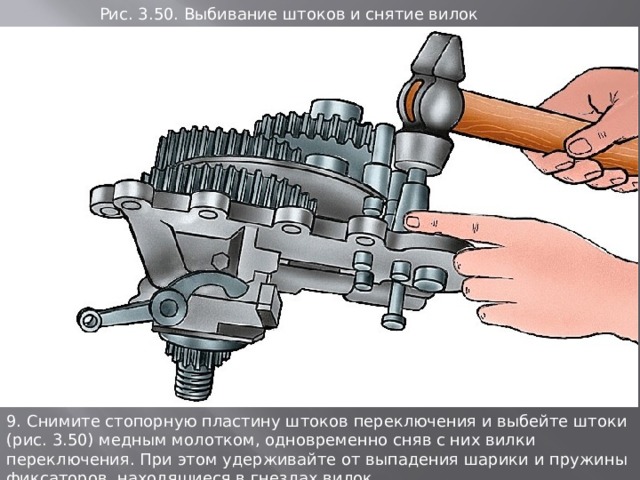 Рис. 3.50. Выбивание штоков и снятие вилок 9. Снимите стопорную пластину штоков переключения и выбейте штоки (рис. 3.50) медным молотком, одновременно сняв с них вилки переключения. При этом удерживайте от выпадения шарики и пружины фиксаторов, находящиеся в гнездах вилок. 