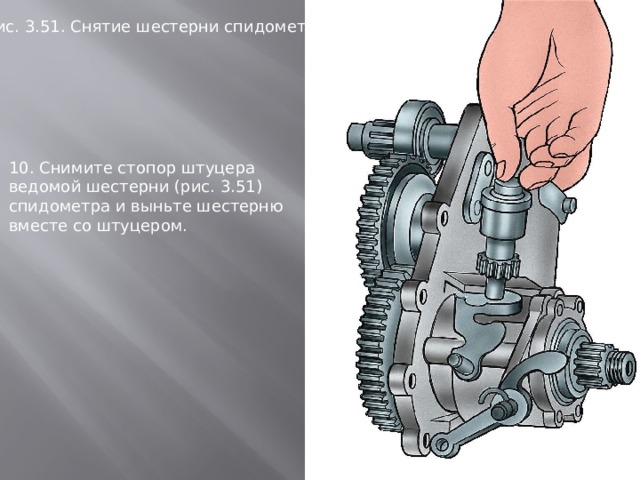 Рис. 3.51. Снятие шестеpни спидометpа 10. Снимите стопор штуцера ведомой шестерни (рис. 3.51) спидометра и выньте шестерню вместе со штуцером. 