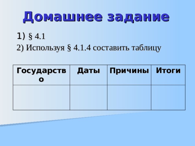 Домашнее задание 1) § 4.1 2) Используя § 4.1.4 составить таблицу Государство Даты Причины Итоги 