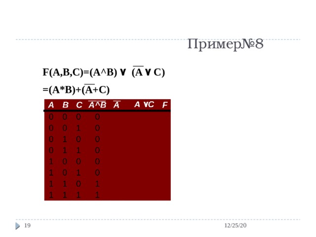 Пример№8 F(A,B,C)=(A^B) ۷ (A ۷ C) =(A*B)+(A+C) 12/25/20 17 