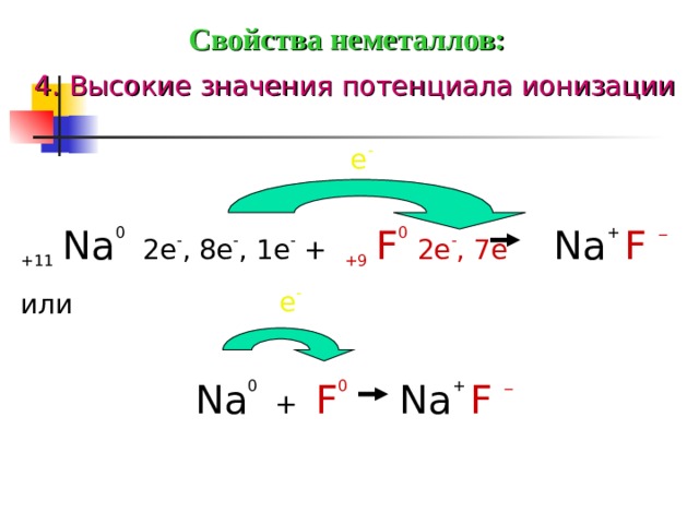 Свойства неметаллов: 4. Высокие значения потенциала ионизации  e - +11  Na 0  2e - , 8e - , 1e - + +9  F 0 2e - , 7e -  Na + F _ или  e - Na 0 + F 0   Na + F _  