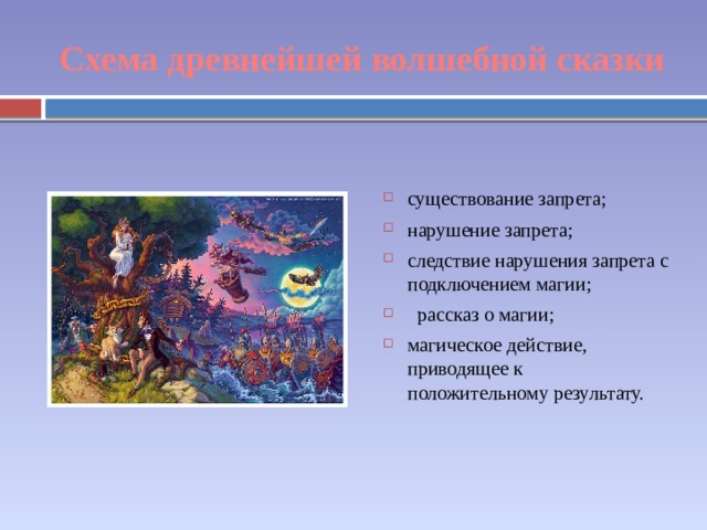 Схема древнейшей волшебной сказки существование запрета; нарушение запрета; следствие нарушения запрета с подключением магии; рассказ о магии; магическое действие, приводящее к положительному результату. 