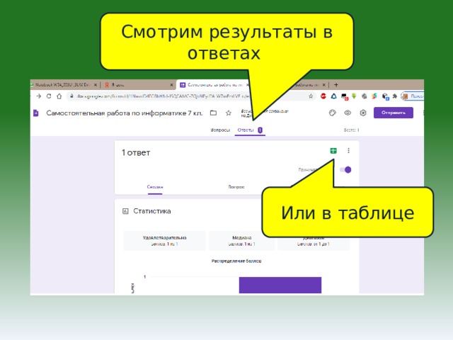 Смотрим результаты в ответах Или в таблице 