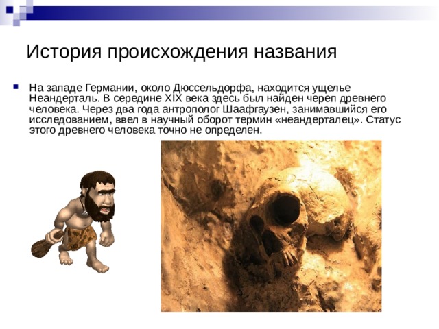 История происхождения названия На западе Германии, около Дюссельдорфа, находится ущелье Неандерталь. В середине XIX века здесь был найден череп древнего человека. Через два года антрополог Шаафгаузен, занимавшийся его исследованием, ввел в научный оборот термин «неандерталец». Статус этого древнего человека точно не определен.