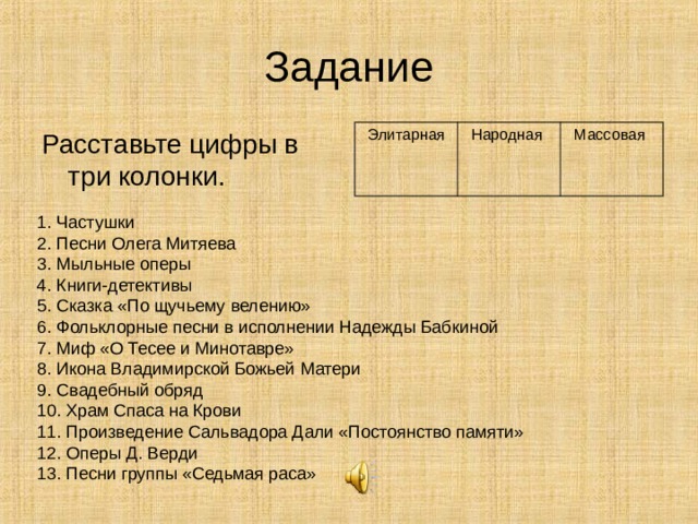 Задание Расставьте цифры в три колонки. Элитарная Народная Массовая 1. Частушки 2. Песни Олега Митяева 3. Мыльные оперы 4. Книги-детективы 5. Сказка «По щучьему велению» 6. Фольклорные песни в исполнении Надежды Бабкиной 7. Миф «О Тесее и Минотавре» 8. Икона Владимирской Божьей Матери 9. Свадебный обряд 10. Храм Спаса на Крови 11. Произведение Сальвадора Дали «Постоянство памяти» 12. Оперы Д. Верди 13. Песни группы «Седьмая раса» 