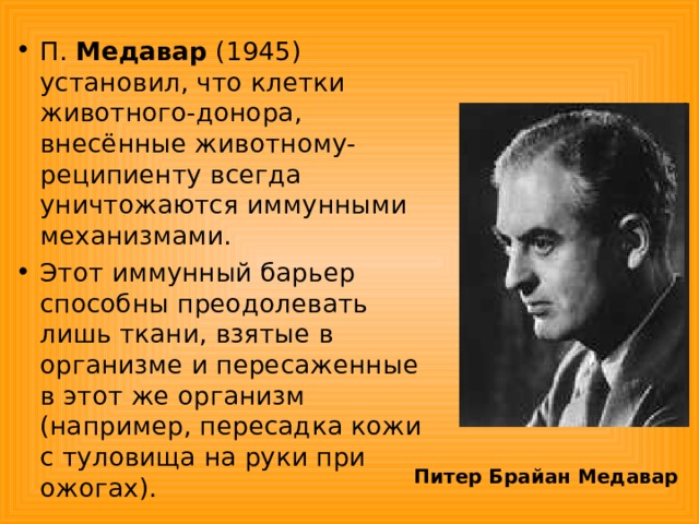 П. Медавар (1945) установил, что клетки животного-донора, внесённые животному-реципиенту всегда уничтожаются иммунными механизмами. Этот иммунный барьер способны преодолевать лишь ткани, взятые в организме и пересаженные в этот же организм (например, пересадка кожи с туловища на руки при ожогах).  Питер Брайан Медавар  