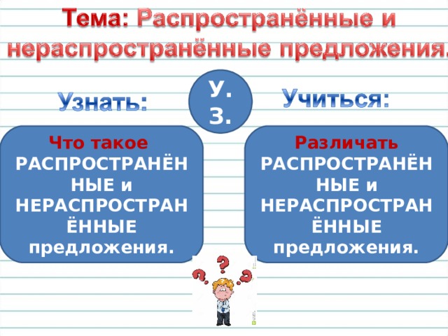 У.З. Что такое Различать РАСПРОСТРАНЁННЫЕ и НЕРАСПРОСТРАНЁННЫЕ предложения. РАСПРОСТРАНЁННЫЕ и НЕРАСПРОСТРАНЁННЫЕ предложения. 