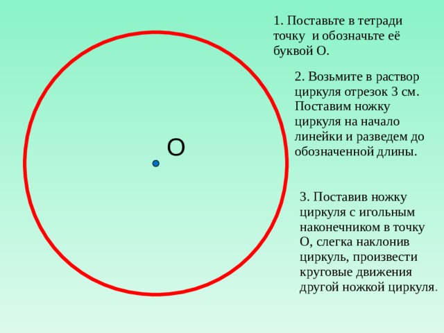 1. Поставьте в тетради точку и обозначьте её буквой О. 2. Возьмите в раствор циркуля отрезок 3 см. Поставим ножку циркуля на начало линейки и разведем до обозначенной длины.   О 3. Поставив ножку циркуля с игольным наконечником в точку О, слегка наклонив циркуль, произвести круговые движения другой ножкой циркуля .   