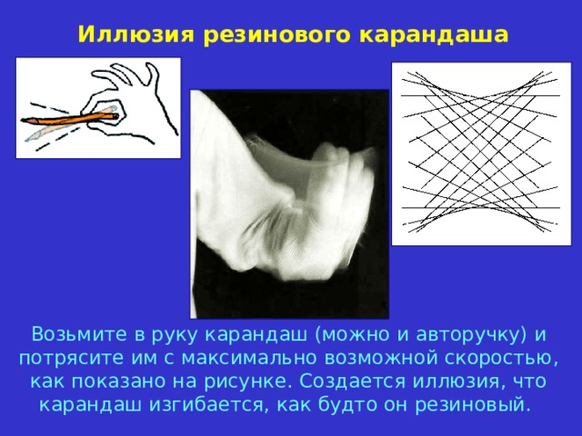 Иллюзия резинового карандаша Возьмите в руку карандаш (можно и авторучку)  и потрясите им с  максимально возможной скоростью, как показано на рисунке.  Создается иллюзия, что карандаш изгибается, как будто он резиновый. 