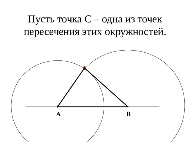 Пусть точка С – одна из точек пересечения этих окружностей. A B Проведя отрезки АС и ВС, получим искомый треугольник АВС. С 