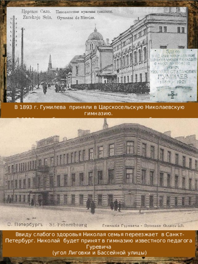 В 1893 г. Гумилева приняли в Царскосельскую Николаевскую гимназию. В 1906г. ему будет вручен аттестат зрелости об окончании гимназии за №544  Ввиду слабого здоровья Николая семья переезжает в Санкт-Петербург. Николай будет принят в гимназию известного педагога Гуревича  (угол Лиговки и Бассейной улицы) 