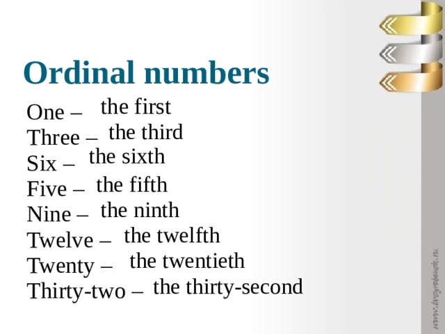 Ordinal numbers the first One – Three – Six – Five – Nine – Twelve – Twenty – Thirty - two – the third the sixth the fifth the ninth the twelfth the twentieth the thirty-second 