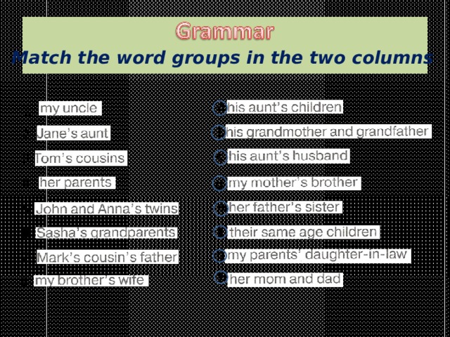 Match the word groups in the two columns a 1 b 2 c 3 4 d e 5 f 6 g 7 h 8 