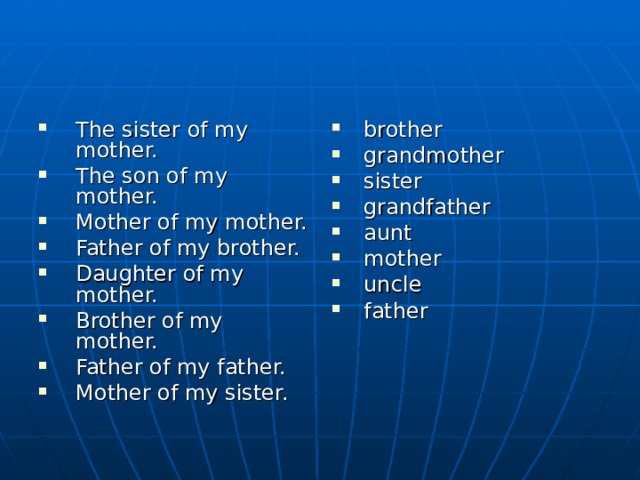 The sister of my mother. The son of my mother. Mother of my mother. Father of my brother. Daughter of my mother. Brother of my mother. Father of my father. Mother of my sister.  brother grandmother sister grandfather aunt mother uncle father  