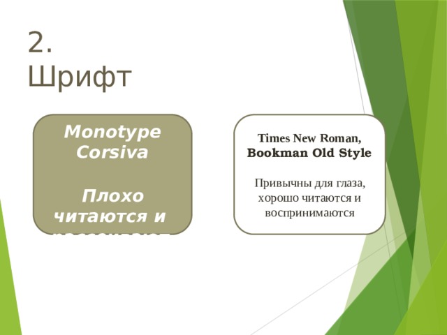 2.  Шрифт Monotype  Corsiva Плохо читаются  и рассеивают внимание Times New  Roman, Bookman Old  Style Привычны для  глаза, хорошо читаются и воспринимаются 