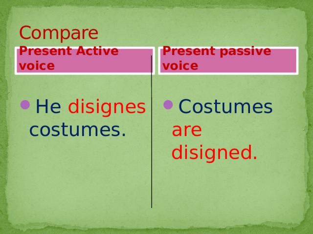 Compare Present Active voice Present passive voice He disignes costumes. Costumes are disigned. 