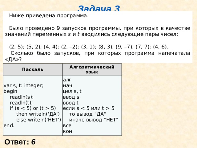 Что выведет программа print s 5. Было проведено 9 запусков программы при которых в качестве значений. Было проведено 9 запусков программы при которых в качестве 6 4. Ниже приведена программа var s,t: integer. Дана программа было проведено 9 запусков этой программы.