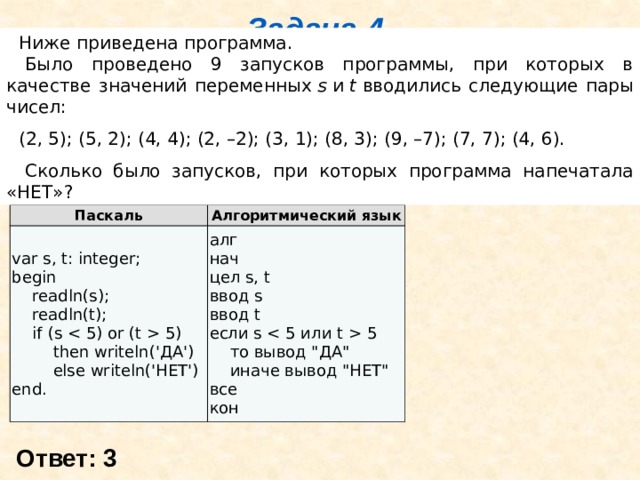 Задача 4 Ниже приведена программа.   Было проведено 9 запусков программы, при которых в качестве значений переменных  s  и  t  вводились следующие пары чисел: (2, 5); (5, 2); (4, 4); (2, –2); (3, 1); (8, 3); (9, –7); (7, 7); (4, 6).   Сколько было запусков, при которых программа напечатала «НЕТ»? Паскаль var s, t: integer; Алгоритмический язык begin алг      readln(s); нач      readln(t); цел s, t      if (s  5) ввод s ввод t          then writeln('ДА')          else writeln('НЕТ') если s  5 end.      то вывод 