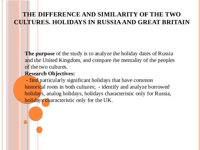 The difference and similarity of the two cultures. Holidays in Russia and Great Britain    The purpose of the study is to analyze the holiday dates of Russia and the United Kingdom, and compare the mentality of the peoples of the two cultures. Research Objectives:  - find particularly significant holidays that have common historical roots in both cultures; - identify and analyze borrowed holidays, analog holidays, holidays characteristic only for Russia, holidays characteristic only for the UK. 