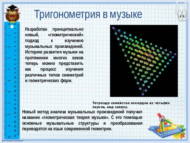 Тригонометрия  в  музыке Разработан принципиально новый, «геометрический» подход к изучению музыкальных произведений. Историю развития музыки на протяжении многих веков теперь можно представить как процесс изучения различных типов симметрий и геометрических форм. Тетраэдр семейства аккордов из четырех звуков, вид сверху. Новый метод анализа музыкальных произведений получил название «геометрическая теория музыки». С его помощью основные музыкальные структуры и преобразования переводятся на язык современной геометрии. 