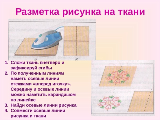 Разметка рисунка на ткани Сложи ткань вчетверо и зафиксируй сгибы По полученным линиям наметь осевые линии стежками «вперед иголку». Середину и осевые линии можно наметить карандашом по линейке Найди осевые линии рисунка Совмести осевые линии рисунка и ткани  