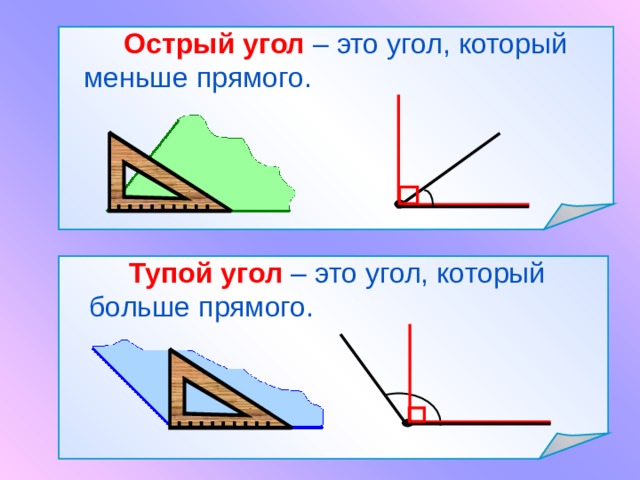   Острый угол  – это угол, который меньше прямого.   Тупой угол  – это угол, который больше прямого. 