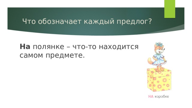 Что обозначает каждый предлог? На полянке – что-то находится на самом предмете. 