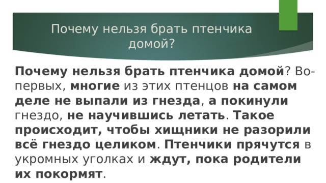 Почему нельзя брать птенчика домой? Почему нельзя брать птенчика домой ? Во-первых, многие из этих птенцов на самом деле не выпали из гнезда , а покинули гнездо, не научившись летать . Такое происходит, чтобы хищники не разорили всё гнездо целиком . Птенчики прячутся в укромных уголках и ждут, пока родители их покормят . 