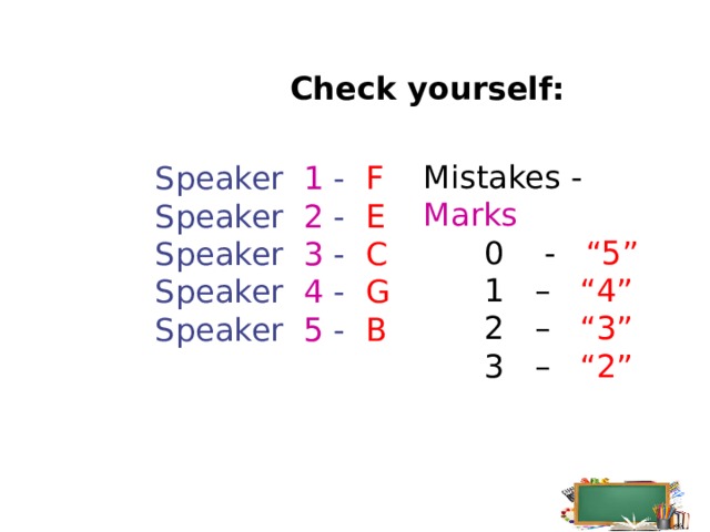 Check yourself: Mistakes - Marks  0 - “5”  1 – “4”   2 – “3”  3 – “2” Speaker 1 - F Speaker 2 - E Speaker 3 - C Speaker 4 - G Speaker 5 - B  